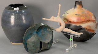 Four piece group to include Austin Prod sculpture of a gymnast, Daniel Rosenbaum "Lost City" bronze, and two large ceramic va