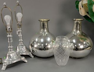 Six piece lot to include pair of mercury glass vases (ht. 18in.), pair of aluminum table lamps (ht. 26in.), glass vase of fau