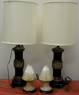 Four lamps to include pair of Oriental style lamps (ht. 37in.) and a pair of small alabaster boudoir lamps (ht. 12in.).