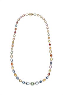 Multi Color Sapphire Diamond & 14k Gold Necklace