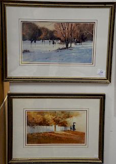 Pair of Paul Landry (b. 1933) oil on paper paintings including "Skating" and Autumn Stroll, signed lower left Paul Landry, si