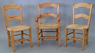 Set of eight French style rush seat chairs, four arm and four side.