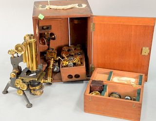 W. Watson 20th century microscope in fitted case. ht. 18in., wd. 13in.
