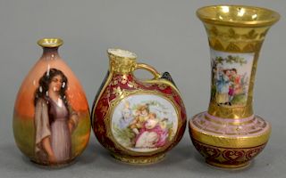 Three porcelain cabinet vases including Luscian ware portrait miniature vase with hand painted peasant girl and two Royal Vie