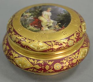 Royal Vienna porcelain portrait dresser box, round form with heavy gilt decoration and hand painted center full length portra