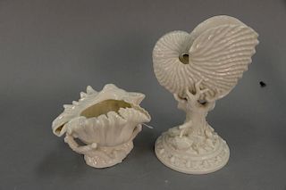 Two porcelain shell dishes, Royal Worcester Nautilus shell vase with green mark and a Belleek conch shell with black mark, ht