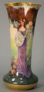 Dresden porcelain vase, hand painted portrait of a woman holding flowers in a courtyard marked Dresden Germany on bottom. ht.
