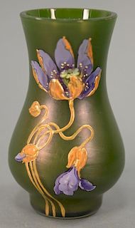 Mont Joye or Moser enameled glass bud or cabinet vase, green glass with heavy enameled blossoming iris. ht. 4in.