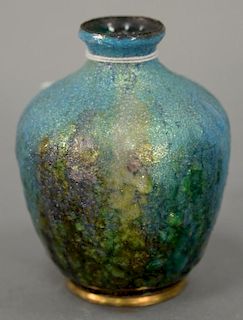 R. Bonnaud Limoges art nouveau enameled copper bud vase with polychrome glaze and iridescent flecks. ht. 4in.