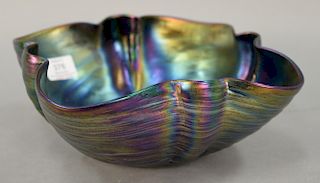 Large iridescent art glass bowl with ruffled rim attributed to Loetz or Kralik. ht. 4in., wd. 9 1/2in.