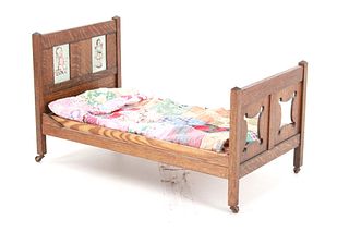 Early 1900s Oak Wood Doll Bed With Blanket