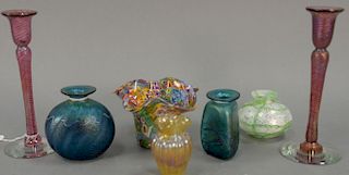 Seven art glass pieces to include four Robert Held art glass pieces including two vases signed Rhag and R. Held Art Glass, a 