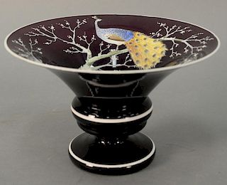 Enameled Amethyst glass vase having two enameled peacocks perched on snowy tree branches, ht. 6 1/4in., dia. 10in.