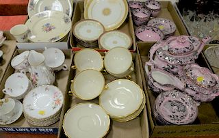 Seven box lots to include pink luster tea set, Minton plates cups and saucers, and Belleek cup and saucer.