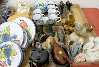 Six box lots of miscellaneous items including Celina pottery dish set, pair of dog bookends, owl, ceramic pieces, etc.