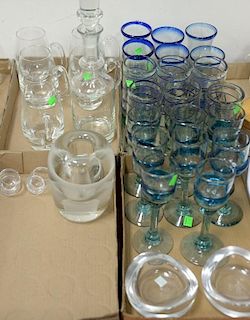 Four box lots of art glass stem and goblets, Rosenthal vases, two dishes, and pair of shot glasses, and five mugs.