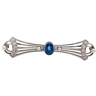 Vintage Platinum Brooch with Sapphire, Diamond and Pearls 