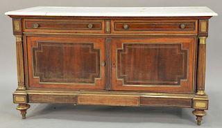 Victorian brass inlaid marble top chest (marble partially cracked). ht. 31in., lg. 57in., dp. 26in.