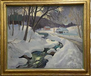 Raymond A. Ewing (1891-1976) 
oil on canvas 
"Ashfield Stream" 
snowy winter landscape 
signed lower right: R.A. Ewing 
title