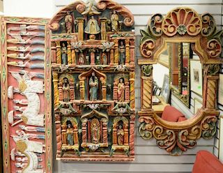 Three piece lot including carved and painted Spanish style mirror and two wall hangings, 23" x 47" and 24" x 43".