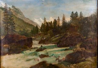 River & Mountain Landscape Oil On Canvas
