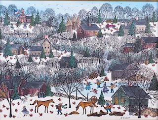 Jo Sickbert Winter Village Scene Oil on Canvas