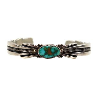 NO RESERVE - Wilson Begay - Navajo - Possibly Carico Lake Turquoise and Silver Bracelet with Stamped Design c. 1980s, size 6 (J15798)