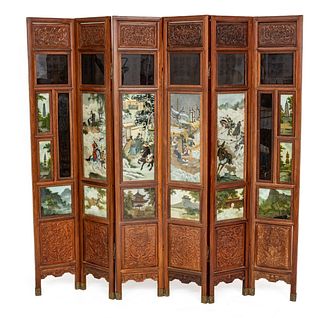 Chinese Wood And Reverse Painted Glass, 6 Panel Divider Screen Ca. 1880, H 72'' W 75''