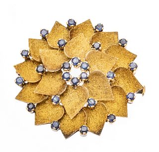 14 Kt Yellow Gold And Sapphire Floral Formed Brooch