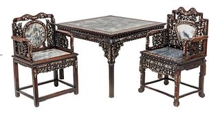 Japanese Meiji Period Rosewood & Marble Table With Chairs, Ca. 1900, H 30'' W 41.5'' L 41.5''