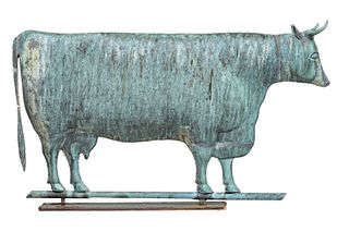 American Cow Form Copper Weather Vane, Ca. 1900, H 23.5'' W 7'' L 40''