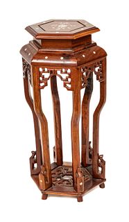 Chinese Rosewood & Mother Of Pearl Inlay Pedestal, H 28'' Dia. 12''