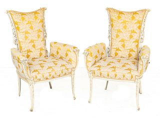 Pair Of Painted Carved Wood Upholstered Arm Chairs, H 42'' W 30'' Depth 22''