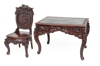 Japanese Carved Teakwood Desk With Chair, Ca. 1900, H 30'' W 42'' Depth 30''
