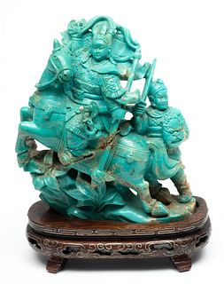 Chinese Turquoise Stone Carving, Lady Warrior On Horse, Ca. 19th C., H 5'' W 5''