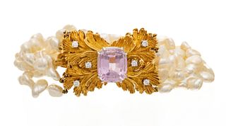 McTeigue & Co. (American, Est. 1895,) 18kt. Yellow Gold, Platinum Diamond, And Rhodolite Garnet Torsade Pearl Bracelet L 8''