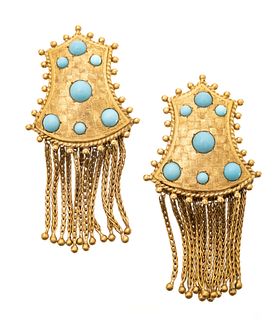 French Gold & Turquoise Earrings, Tassels, L 1.7'' 16.4g 1 Pair
