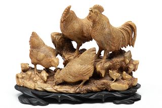 Chinese Stone Carving, Four Chickens And Chick On Landscape H 6'' L 9.5''