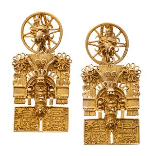 Gold Pendant Earrings, Incan Motifs 18.9g