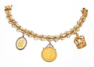 14k Gold Bracelet: 1958 Gold Sovereign, Eliz II Crown, L 7'' 36g