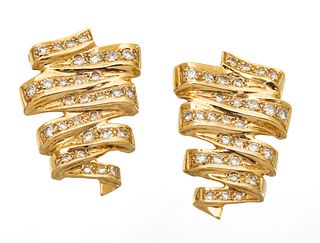 Pair Of 14 Kt Yellow Gold And Diamond Earrings