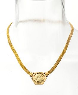 14K Yellow Gold Woven Necklace, Lapis Pendant, Greece L 16''