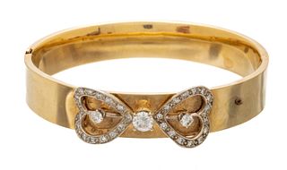 Vintage Hinged Bangle Bracelet, Diamond Bowknot Ca. 1930, W 2.4'' 19.3g