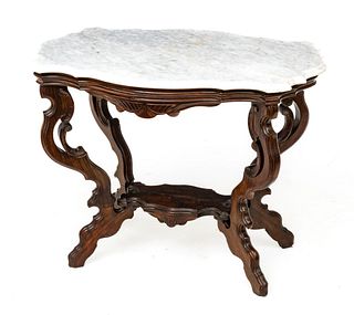 Eastlake Movement Walnut & Marble 'Turtle Top' Table, Ca. 1870, H 27'' W 18'' L 33''