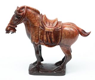 Chinese Carved Stone Standing Tang Style Horse With Saddle Ca. 1900, H 9'' W 11''