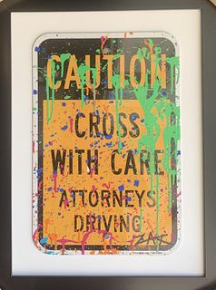 E.M. Zax- Hand painted metal street sign "Caution Cross with Care"