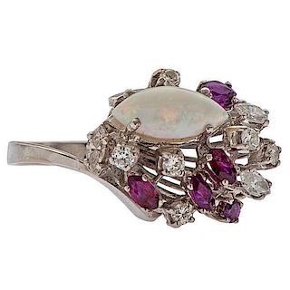 Ring with Opals, Rubies and Diamonds in 14 Karat 