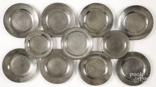 Ten pewter plates, mostly English