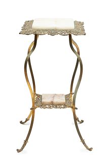 Brass & Onyx Pedestal Table, Ca. 1910, H 31'' W 16'' L 16''
