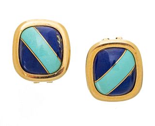 Gold, "Lapis Lazuli, Turquoise" Enamel Earrings 12.8g